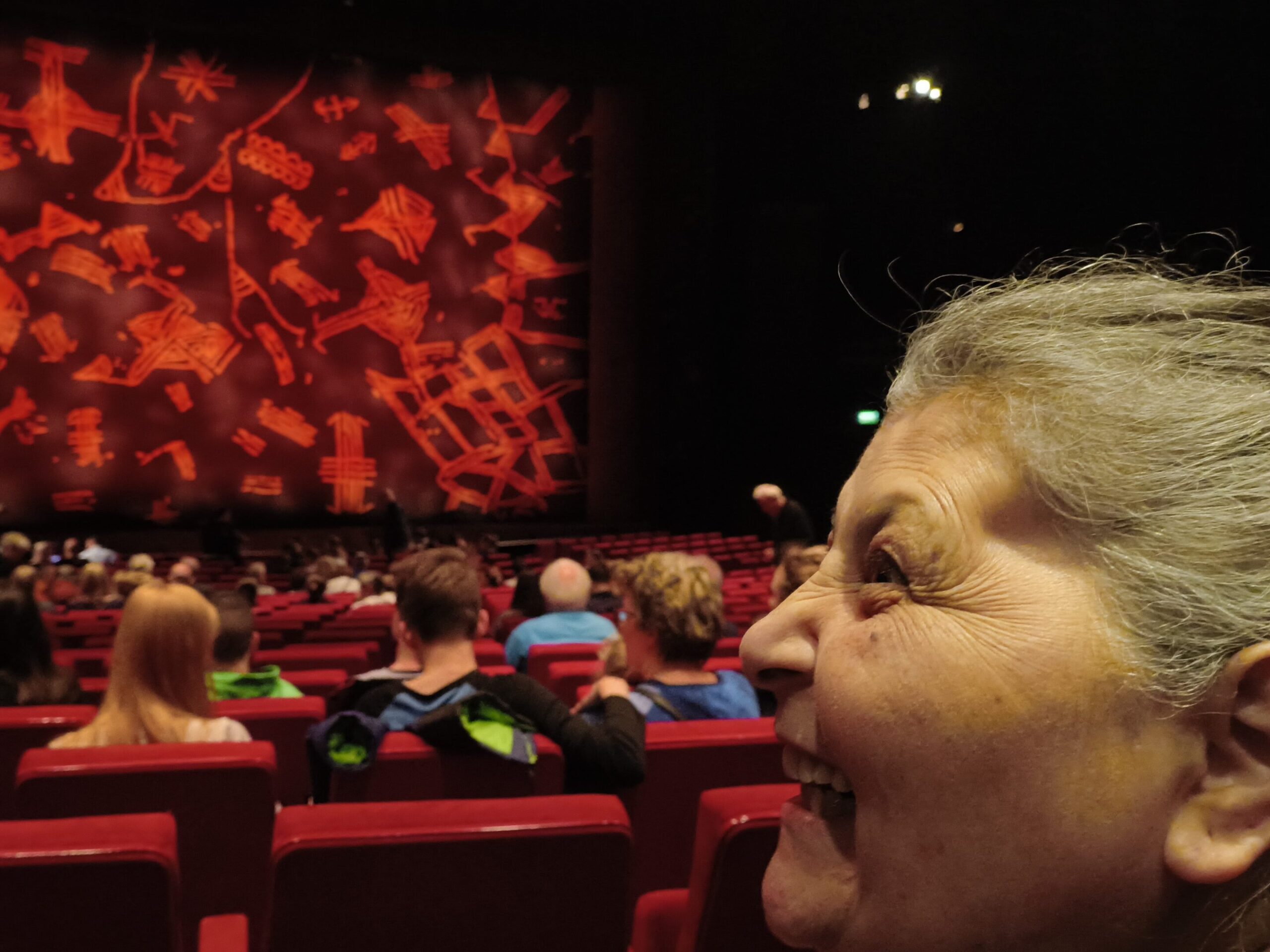 Rechts im Bild sieht man das Gesicht einer Frau von der Seite. SIe sitzt in einem Musical Saal mit roten Stühlen und lacht.