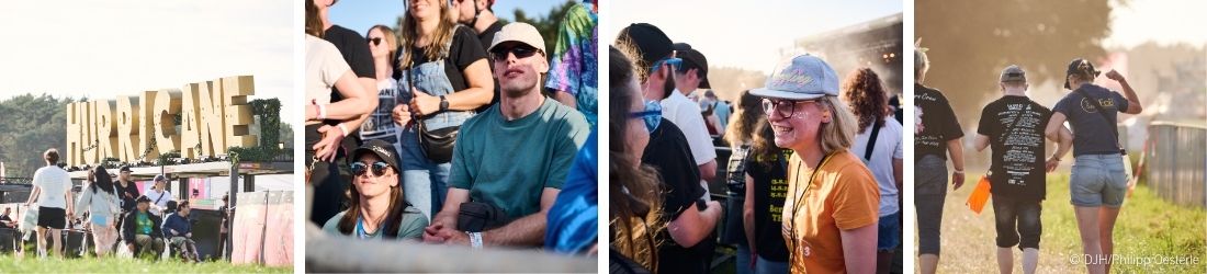 Fotostreifen mit Bild-Impressionen von dem Hurricane Festival 2025 auf denen Menschen mit Behinderung zu sehen sind, die von Festival Assists begleitet werden.