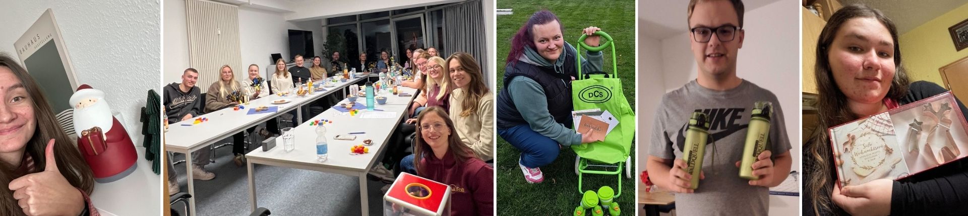 Fünf Fotos von der FoB-Tombola: eine Person mit Daumen hoch neben einem Weihnachtsmann-Gewinn, eine große Gruppe Reisebegleitungen am Tisch bei der Verlosung, eine Person mit einem grünen DCs-Trolley als Gewinn, ein junger Mann mit zwei Trinkflaschen, und eine Person mit einer Plätzchen-Ausstechform als Gewinn.
