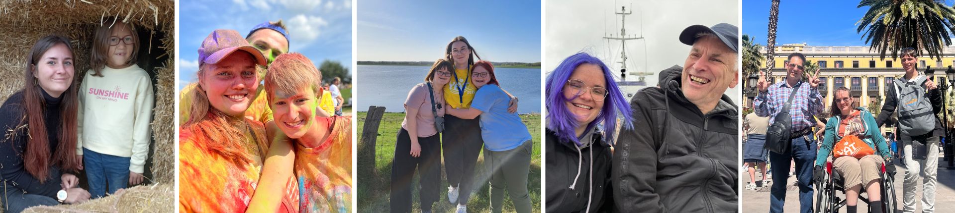Fünf Fotos von FoB-Reisebegleitungen mit Reiseteilnehmer*innen: in einer Strohburg, beim Color-Run, am See umarmt, vor einem Schiff lachend, sowie vor einem historischen Gebäude mit erhobenen Armen und einer Person im Rollstuhl.